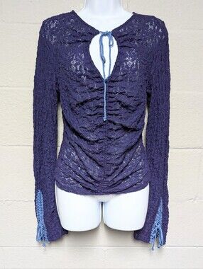 Free People Lace Top Size M Bell Sleeve Keyhole Neck